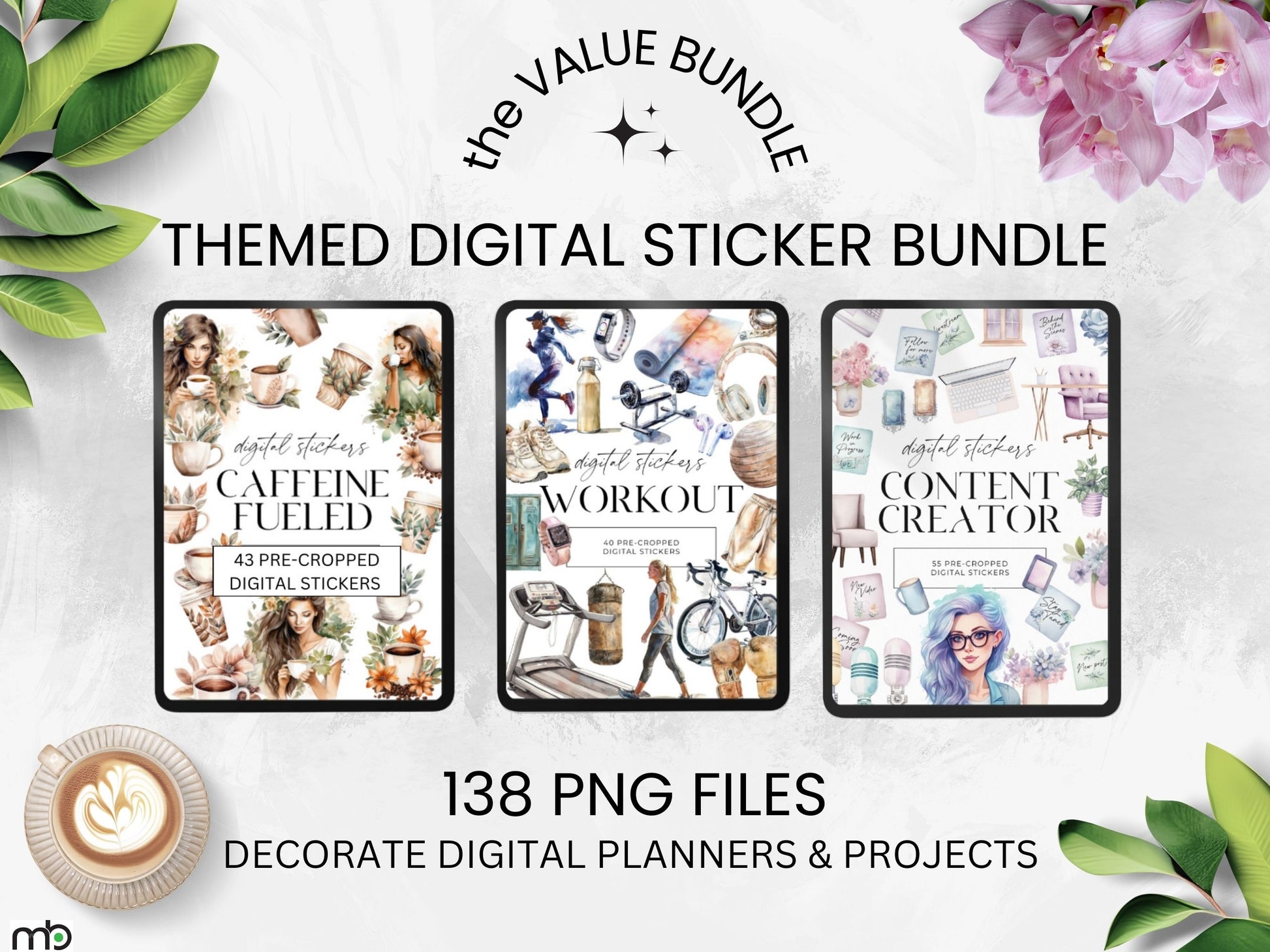 Digital Sticker Bundle, Coffee Stickers. Workout Stickers, Content Creator Stickers, Lifestyle stickers, Goodnotes Stickers, iPad Stickers