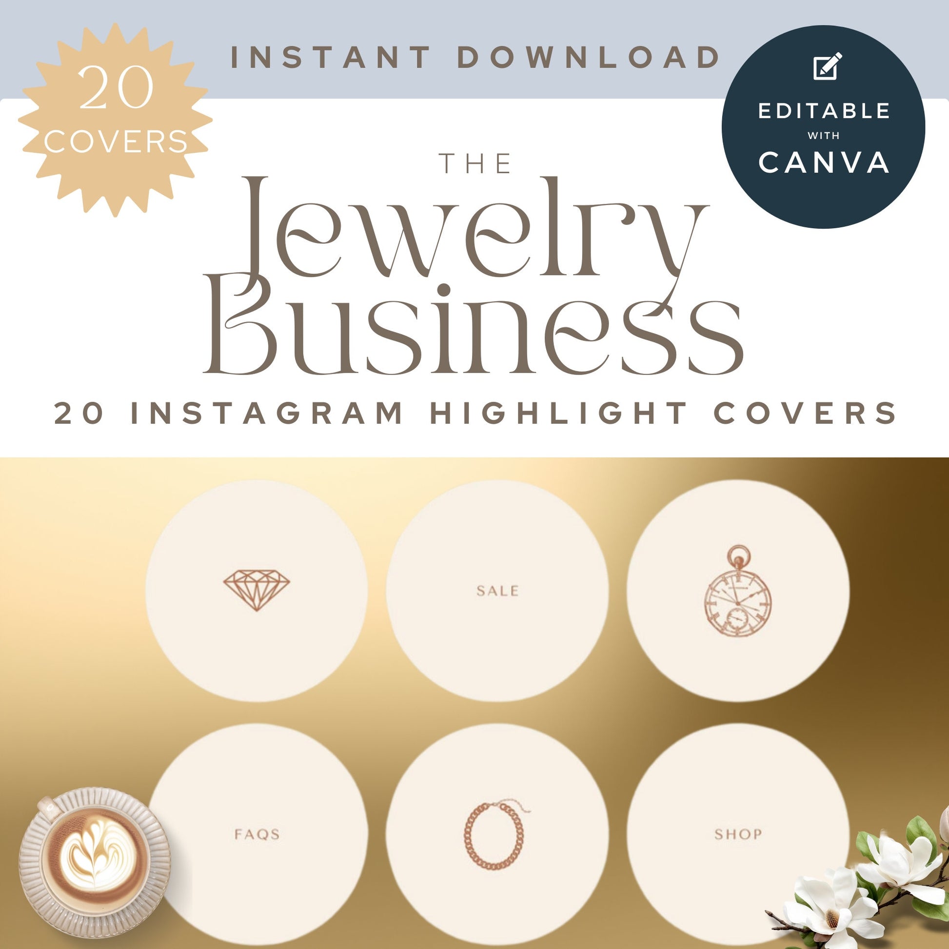 Social Media Templates for Jewelry Business, Canva Template Jewelry Business 20 Instagram Highlight Covers, Jewelry Instagram Post Templates