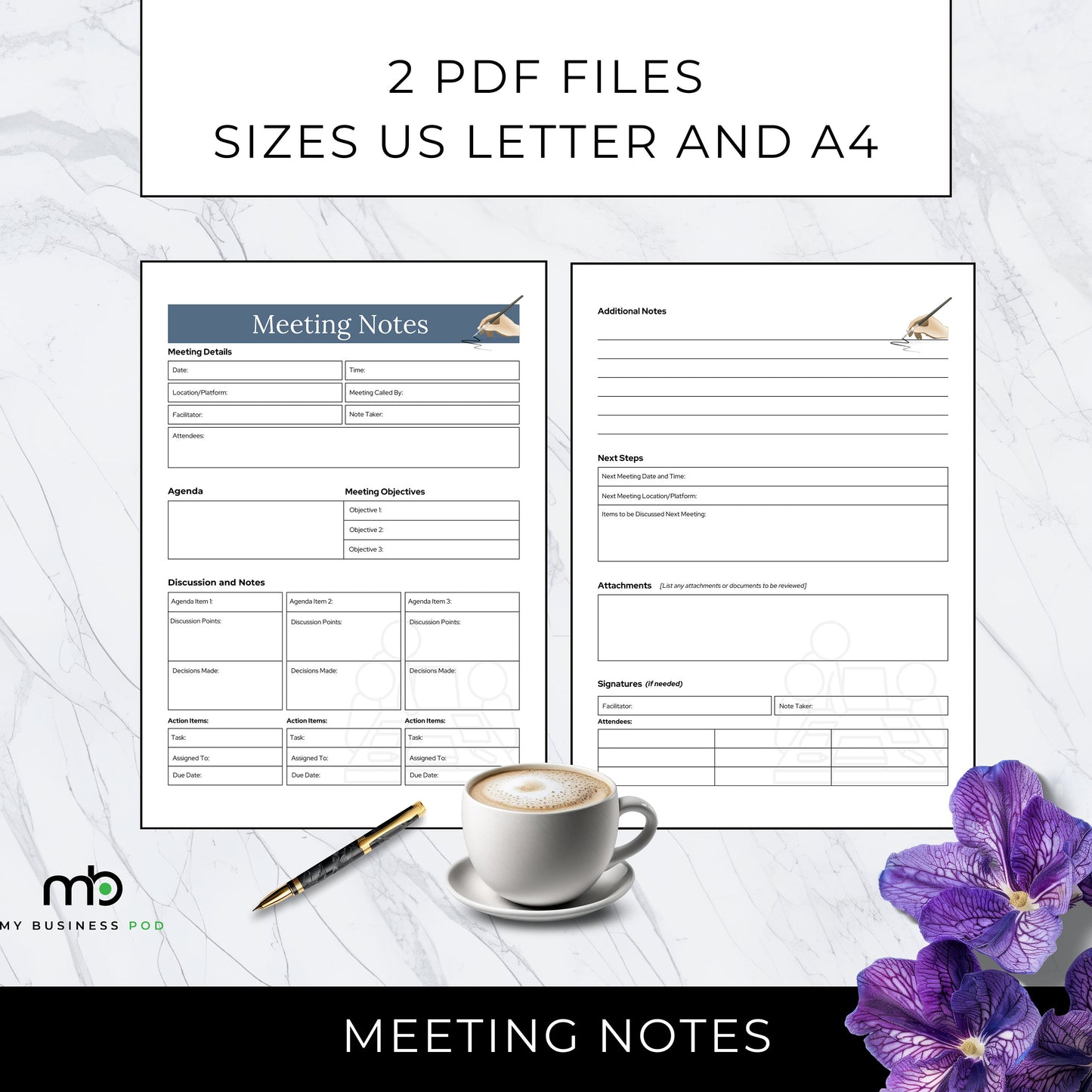 Meeting Notes, Meetings Record, Form, Sheet, Agenda, Actionable tasks, Discussion Points, Attendees, Next Steps, Business Forms Printable