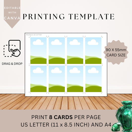 Printing Template 90 x 55mm Print and Cut Canva Multi Page Template 90x55mm Blank Card Layout Frame Affirmation Manifestation US Letter A4