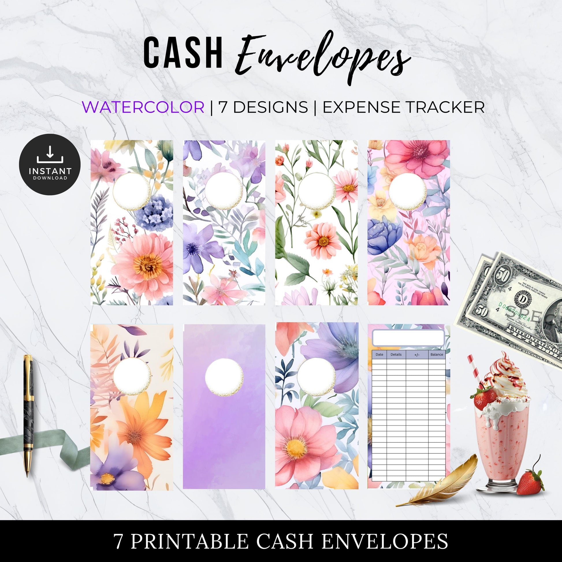 Floral Watercolor Cash Envelopes, Budgeting, Money, Saving, Printable PDF, Tracker, Tracking, Expense, Organizer, Finance, management, tools