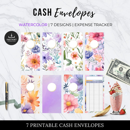 Floral Watercolor Cash Envelopes, Budgeting, Money, Saving, Printable PDF, Tracker, Tracking, Expense, Organizer, Finance, management, tools