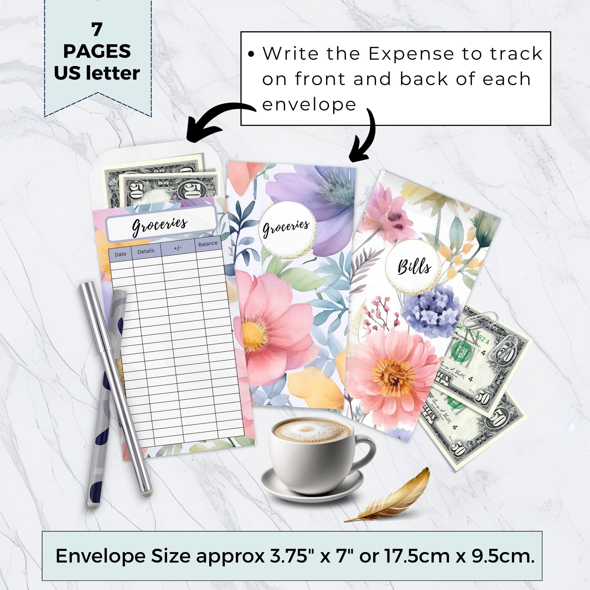 Floral Watercolor Cash Envelopes, Budgeting, Money, Saving, Printable PDF, Tracker, Tracking, Expense, Organizer, Finance, management, tools