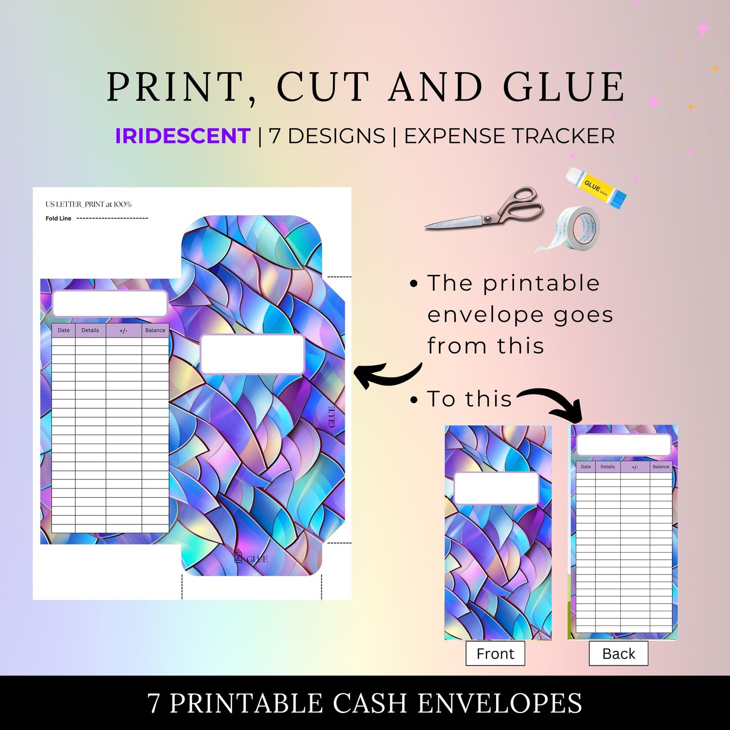 Iridescent Cash Envelopes, Budgeting, Money, Saving, Printable PDF, Tracker, Tracking, Expense, Organizer, Finance, tools, management, DIY