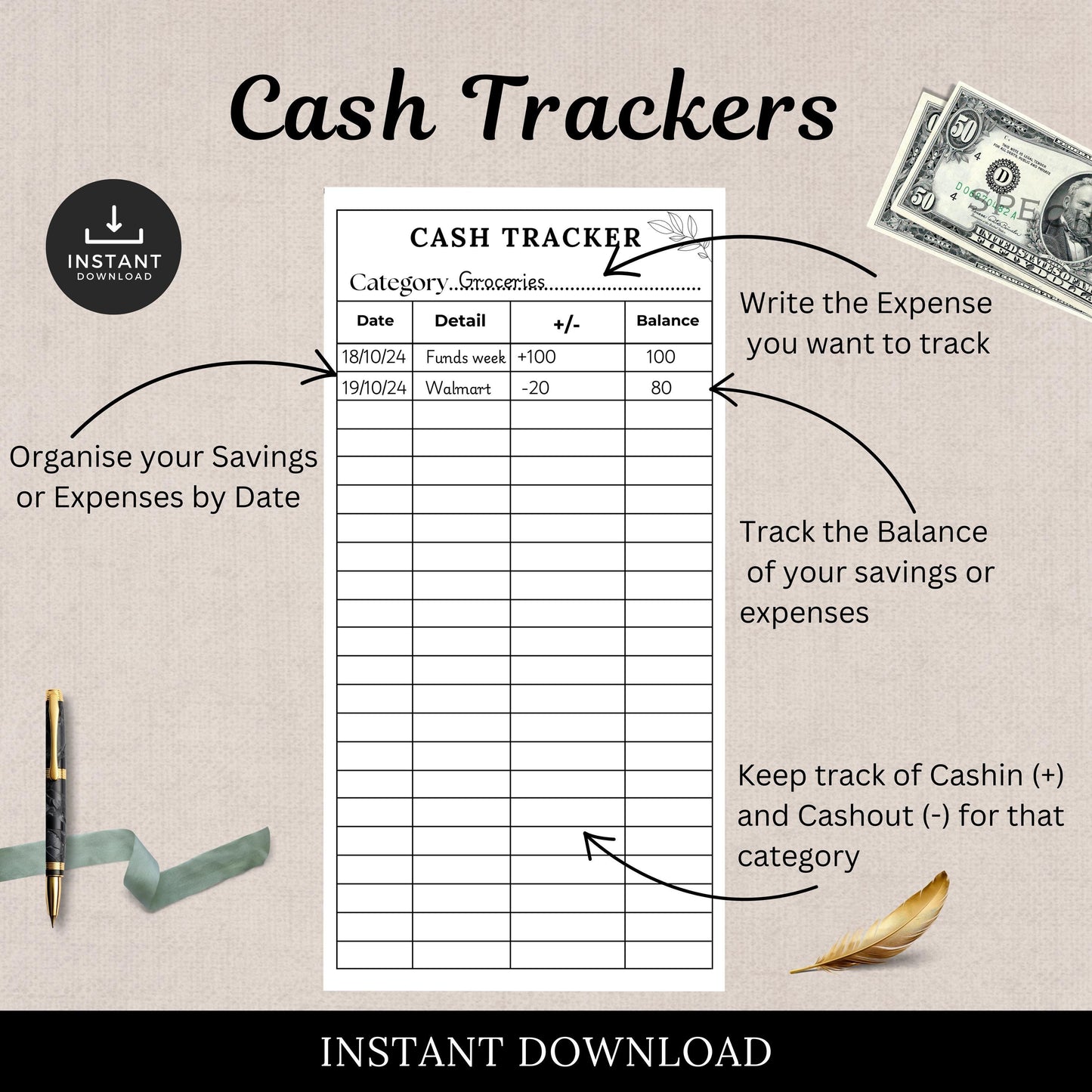 Cash Tracker, Budgeting, Money, Saving, Printable PDF, White Trackers, Tracking, Expense, Organizer, Finance, tools, management, DIY, Log