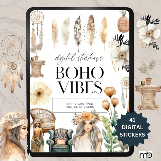 Boho Vibes Digital Stickers, Feather Sticker, Dream catcher, boho clothes, lady, furniture. Goodnote, Notability, iPad, tablet, feathers