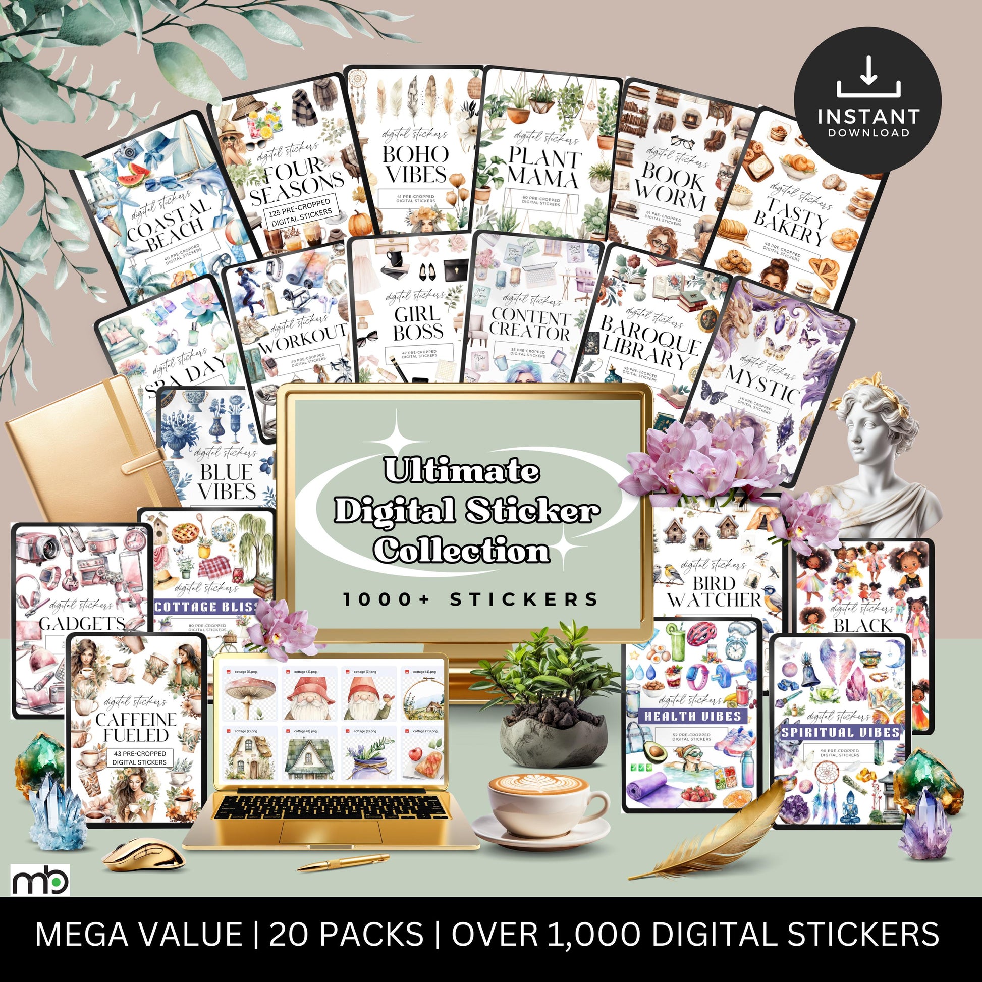 Digital Sticker Bundle, iPad tablet Stickers, Lifestyle, Project, Journal, Planner,Health, Beach, Spiritual, home decor, office, food, png