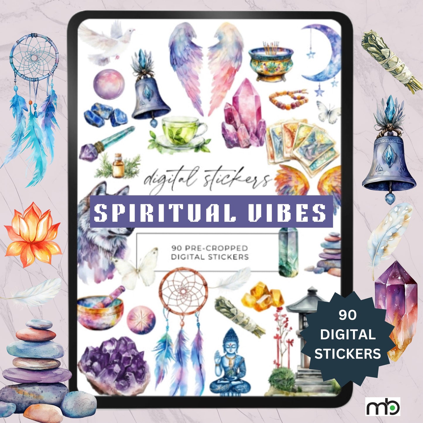 Spiritual Vibes Digital Stickers, Crystals, Angel Wings, Dream Catchers, Buddha, Bell, Moon, Sun, Doves Wolf, Celestial, Cosmic, Zen themes