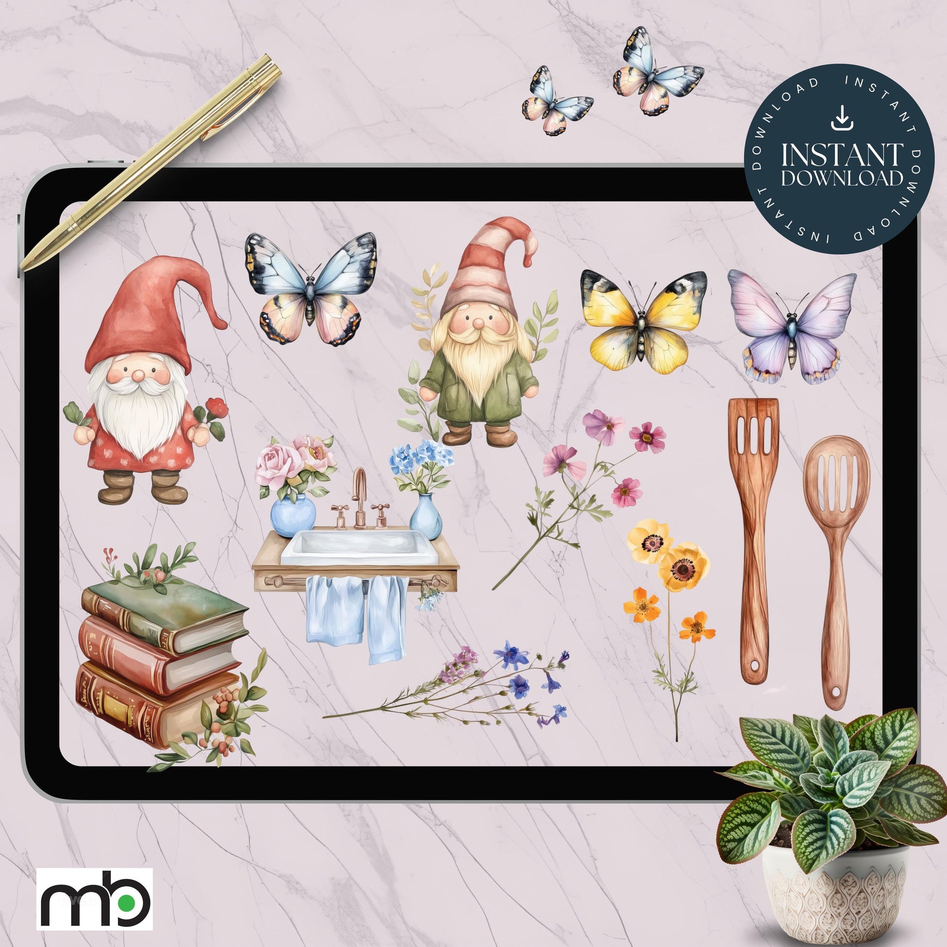 Cottage Bliss Digital Stickers, Country, Floral, Gnomes, Whimsical Butterflies, Picnic Blanket, trees, Jam Preserves, Scrapbooking, Planners