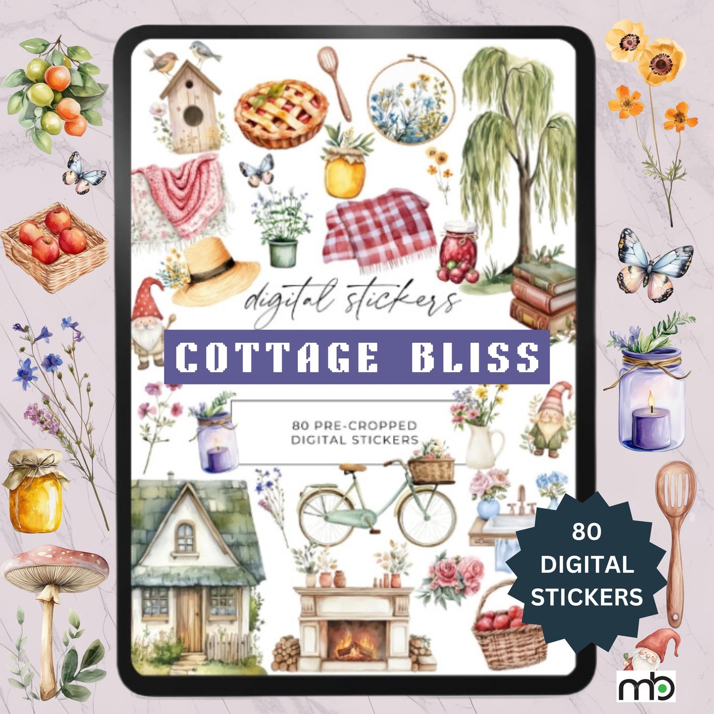 Cottage Bliss Digital Stickers, Country, Floral, Gnomes, Whimsical Butterflies, Picnic Blanket, trees, Jam Preserves, Scrapbooking, Planners