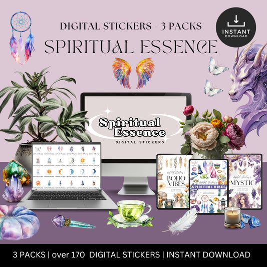 Spiritual Essence Digital Stickers, Crystals, Angel Wings, Dream Catcher, Buddha, Bell, Moon, Sun, Doves Wolf, Celestial, Cosmic, Mind, Body