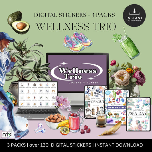 Wellness Trio digital stickers, workout, health vibes, spa day, fitness motivation, self-care, food, gym, yoga mat, water bottle, project