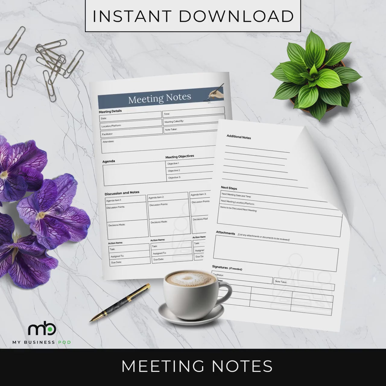 Meeting Notes, Meetings Record, Form, Sheet, Agenda, Actionable tasks, Discussion Points, Attendees, Next Steps, Business Forms Printable