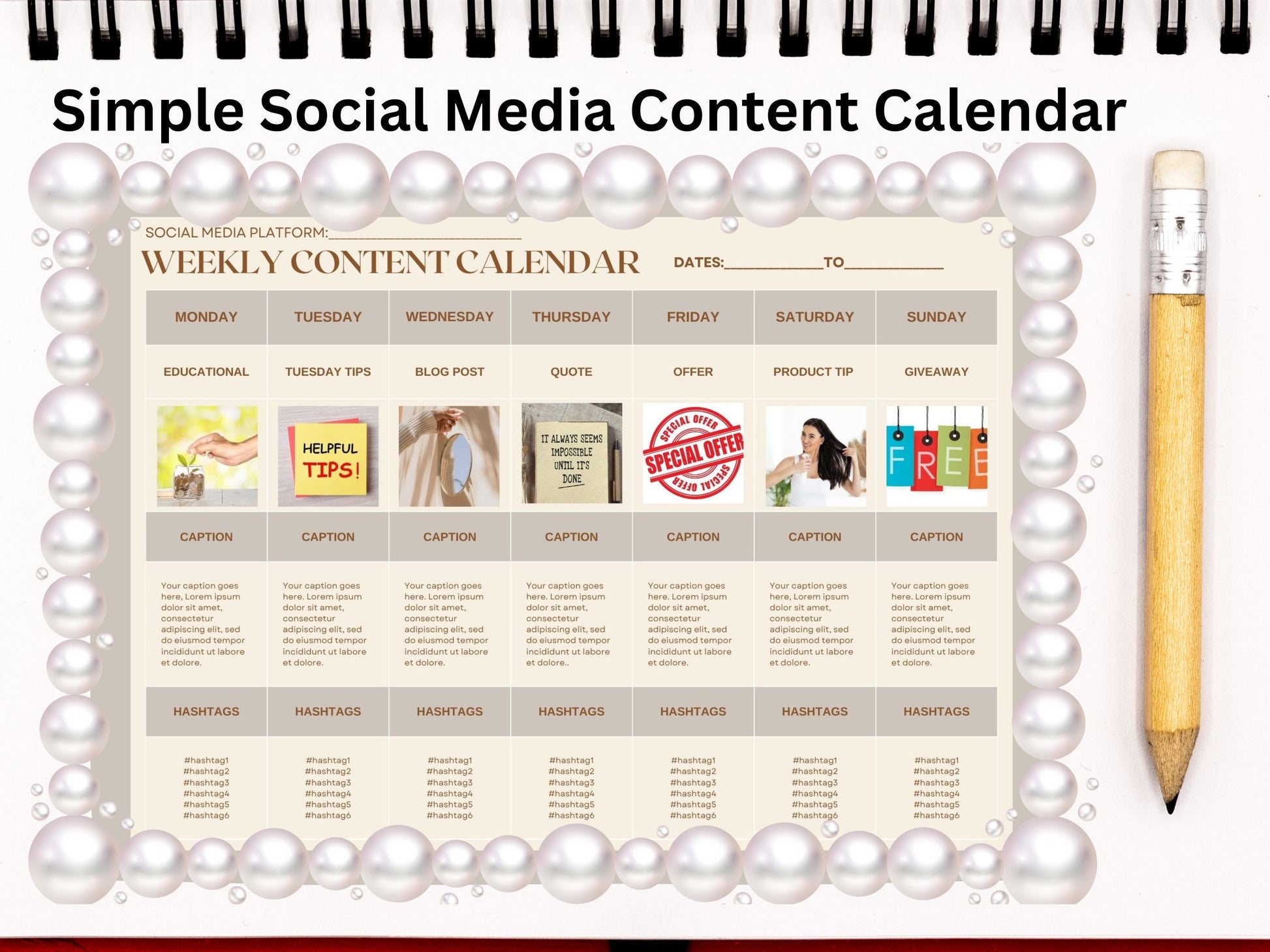 Social Media Content Calendar, Social Media Content Planner, Weekly content planner, Manual Social Media Content Planner, Simple Planner