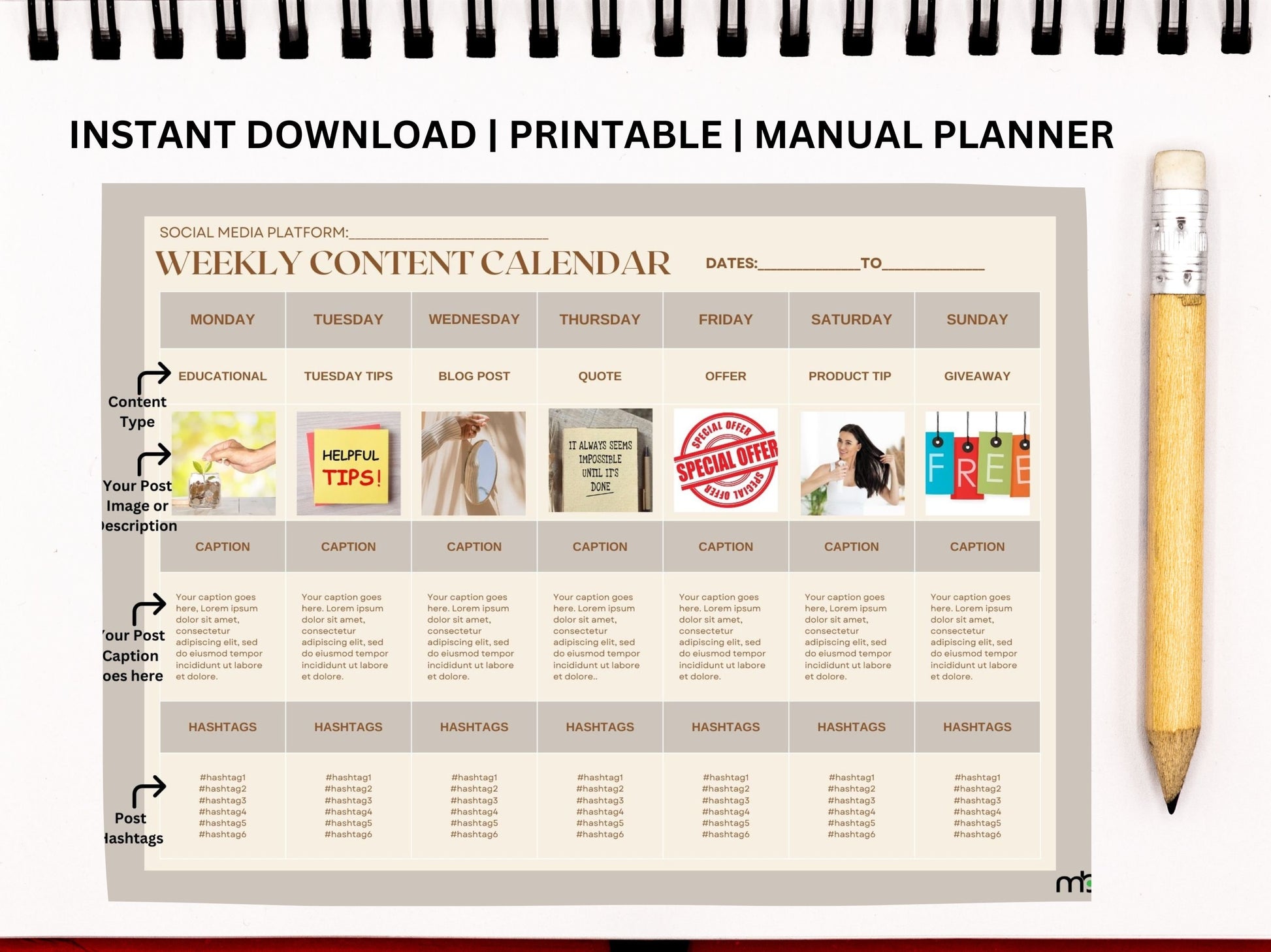 Social Media Content Calendar, Social Media Content Planner, Weekly content planner, Manual Social Media Content Planner, Simple Planner